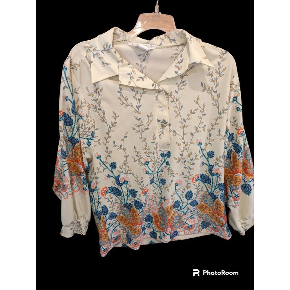Vtg‎ 70s/80s Montgomery Ward Polyester white multi colored floral shirt